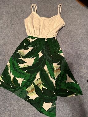 Tropical Leaf Print Sundress with Cream Bodice